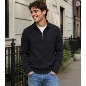 Men's GARNET HILL Washable Cashmere Ribbed Quarter Zip Sweater Charcoal Gray S